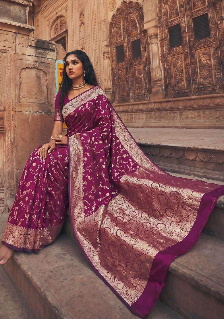 Wine Jacquard Work Silk Blend Saree Set for Diwali and Festive Wear - Indya