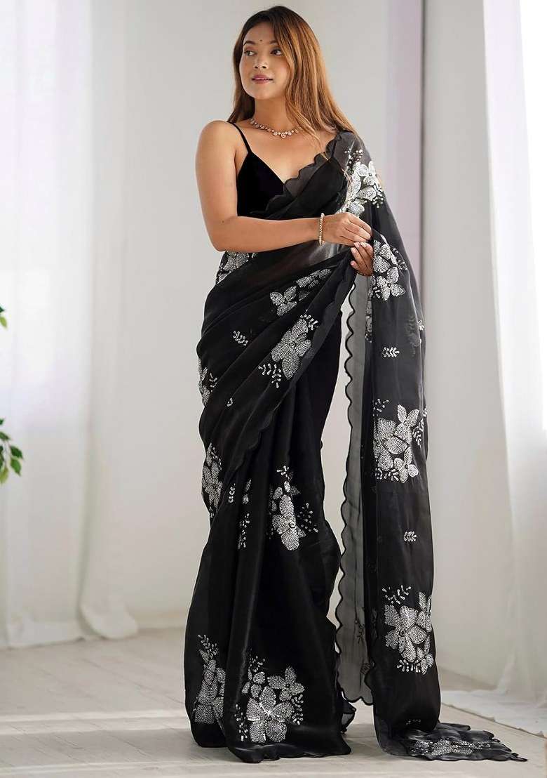 Black Organza Saree Set with Embroidered for Diwali | Wedding & Festive Wear - Indya