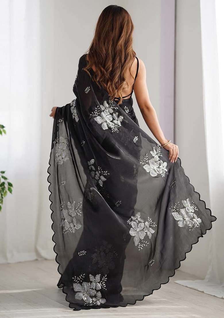 Black Organza Saree Set with Embroidered for Diwali | Wedding & Festive Wear - Indya