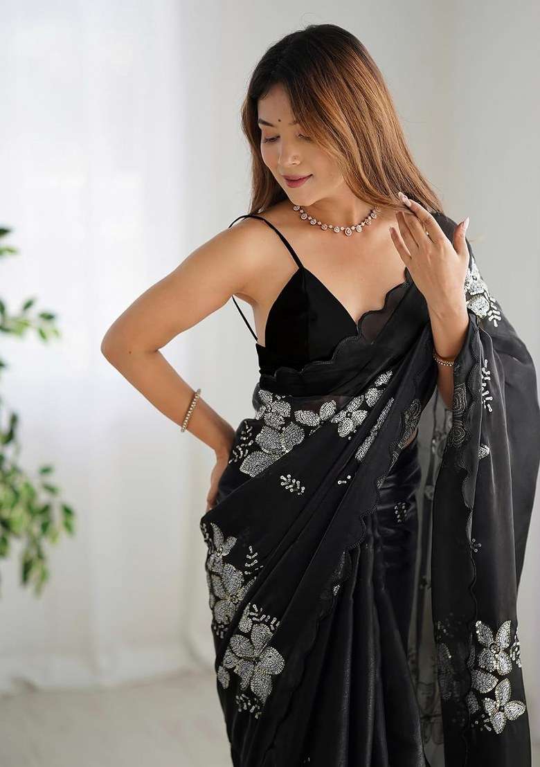 Black Organza Saree Set with Embroidered for Diwali | Wedding & Festive Wear - Indya