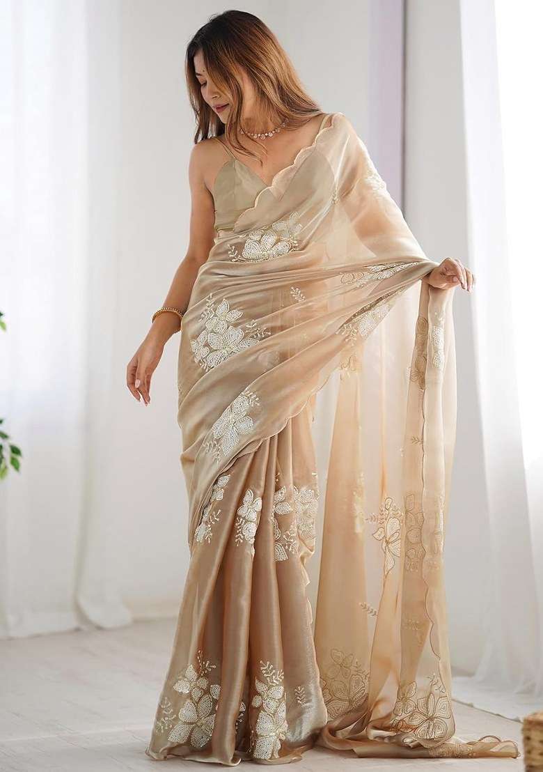 Chiku Embroidered Organza Saree Set for Diwali and Festive Wear - Indya
