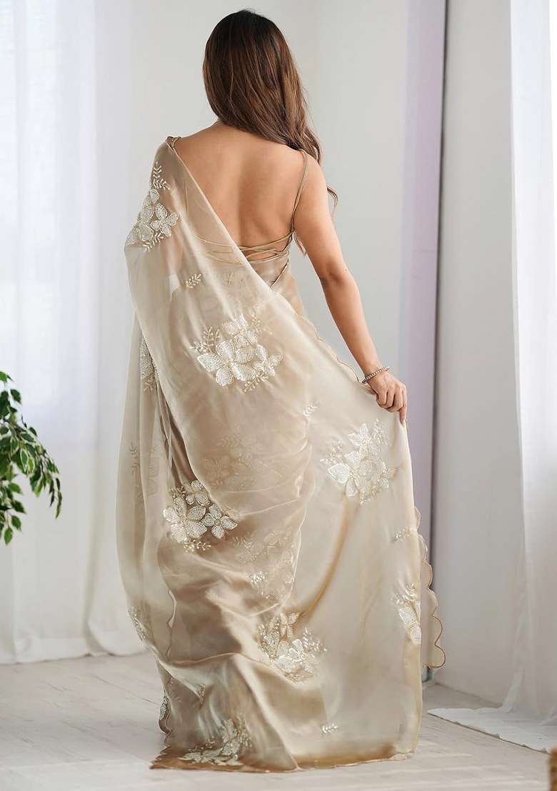 Chiku Embroidered Organza Saree Set for Diwali and Festive Wear - Indya