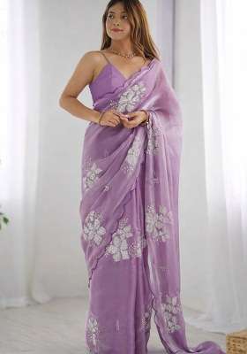Lavender Organza Saree Set with Embroidered for Diwali | Wedding & Festive Wear