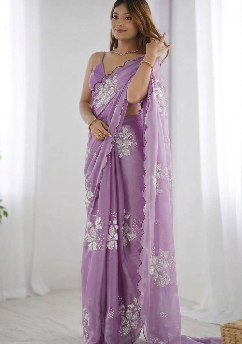 Lavender Organza Saree Set with Embroidered for Diwali | Wedding & Festive Wear - Indya