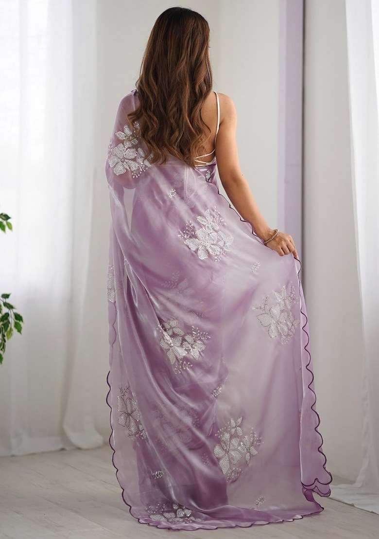 Lavender Organza Saree Set with Embroidered for Diwali | Wedding & Festive Wear - Indya