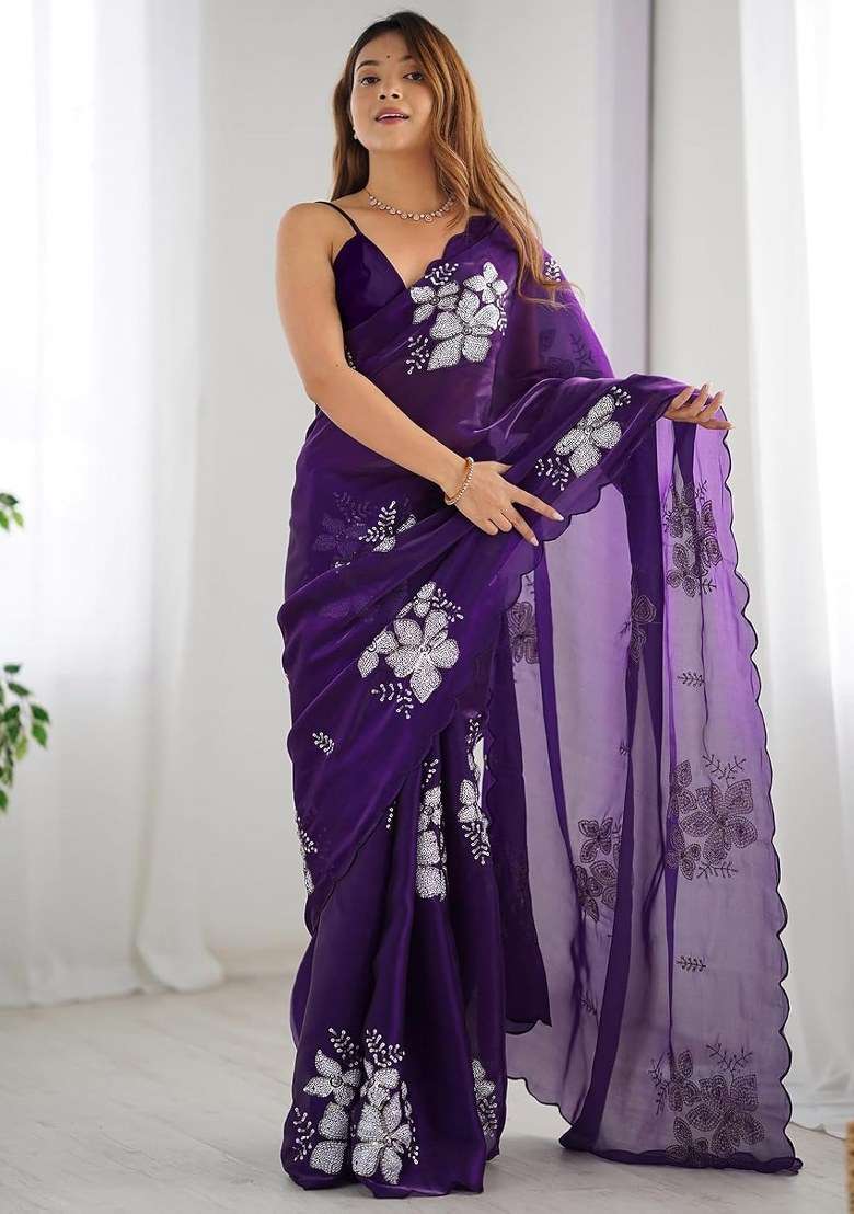 Purple Organza Saree Set with Embroidered for Diwali | Wedding & Festive Wear - Indya
