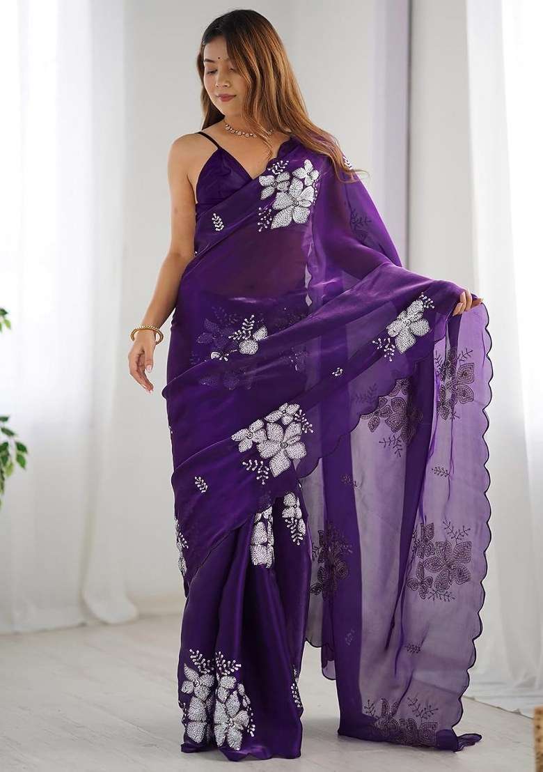 Purple Organza Saree Set with Embroidered for Diwali | Wedding & Festive Wear - Indya