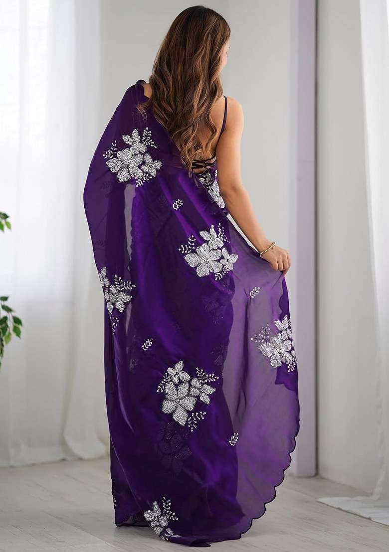 Purple Organza Saree Set with Embroidered for Diwali | Wedding & Festive Wear - Indya