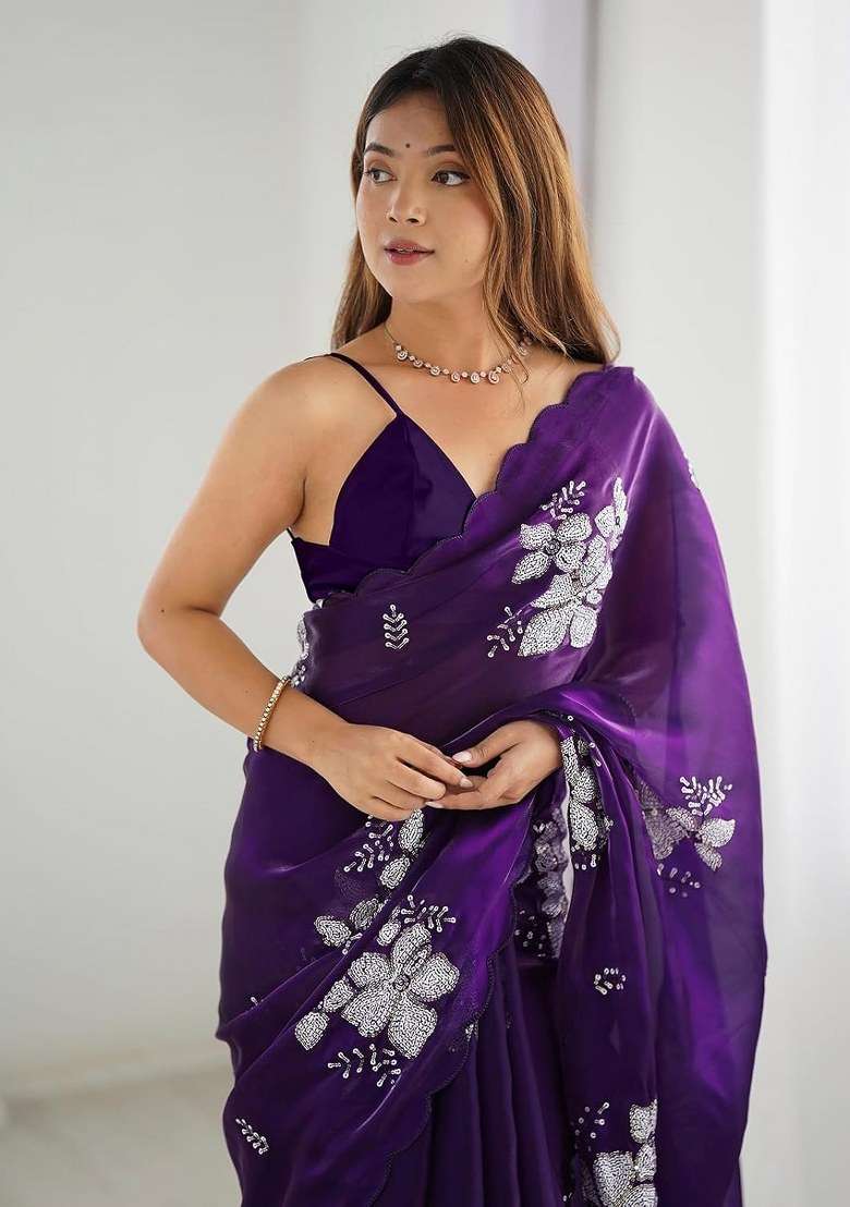 Purple Organza Saree Set with Embroidered for Diwali | Wedding & Festive Wear - Indya