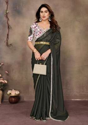 Mehendi Green Mirror Work Georgette Saree Set for Diwali and Festive Wear