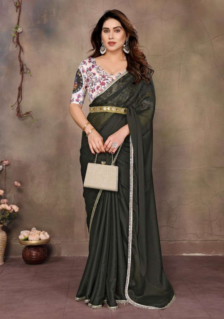Mehendi Green Mirror Work Georgette Saree Set for Diwali and Festive Wear - Indya