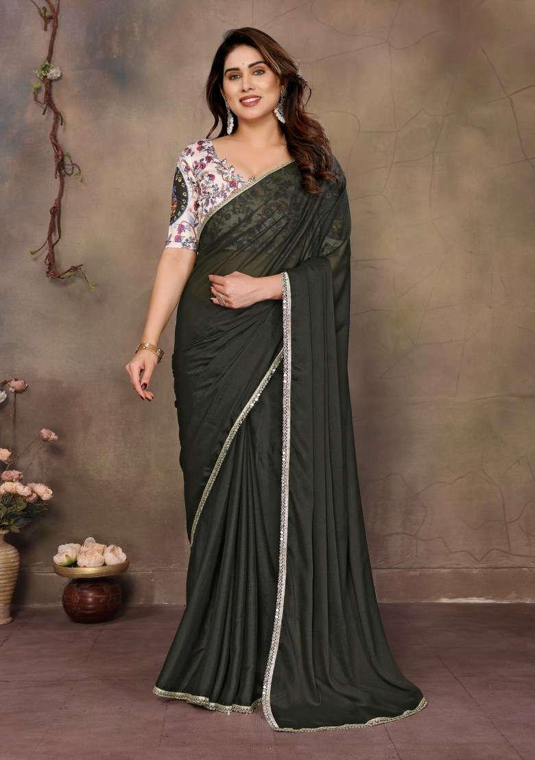 Mehendi Green Mirror Work Georgette Saree Set for Diwali and Festive Wear - Indya
