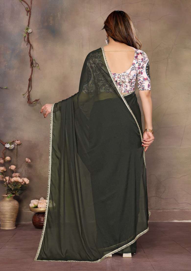 Mehendi Green Mirror Work Georgette Saree Set for Diwali and Festive Wear - Indya