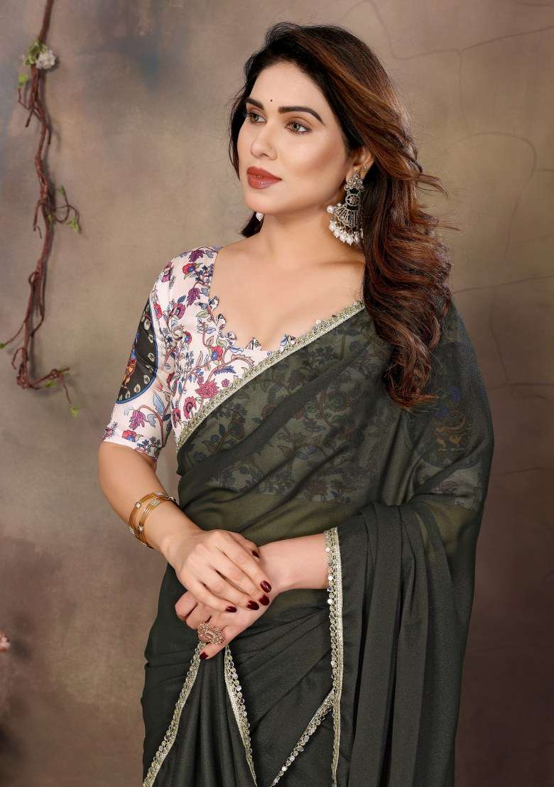 Mehendi Green Mirror Work Georgette Saree Set for Diwali and Festive Wear - Indya