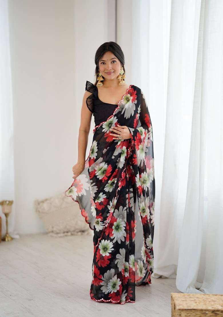 Black Georgette Saree Set with Mirror Work for Diwali | Wedding & Festive Wear - Indya