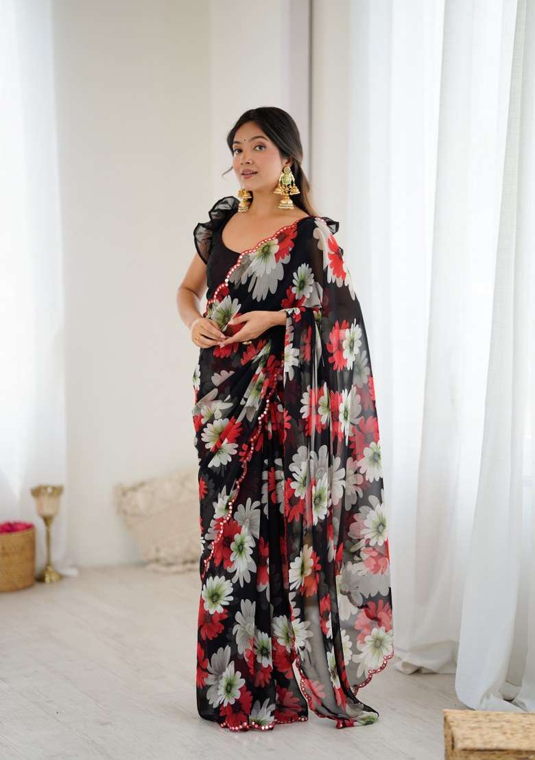 Black Georgette Saree Set with Mirror Work for Diwali | Wedding & Festive Wear - Indya