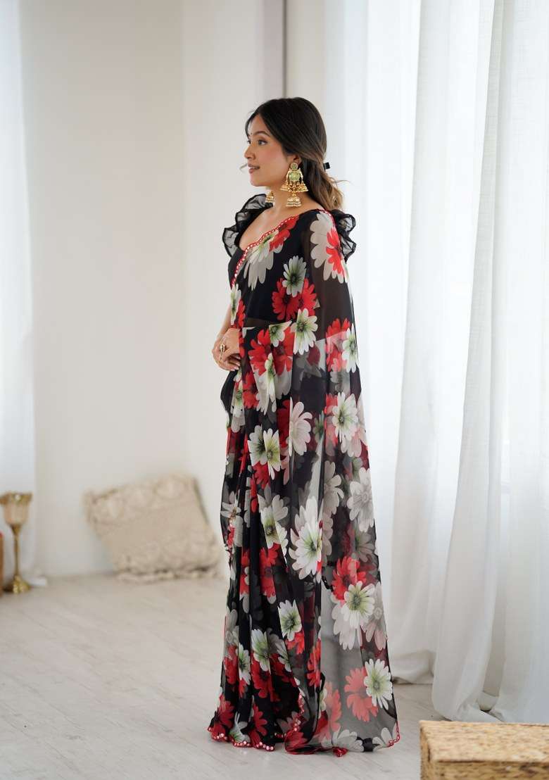 Black Georgette Saree Set with Mirror Work for Diwali | Wedding & Festive Wear - Indya