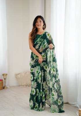 Green Georgette Saree Set with Mirror Work for Diwali | Wedding & Festive Wear