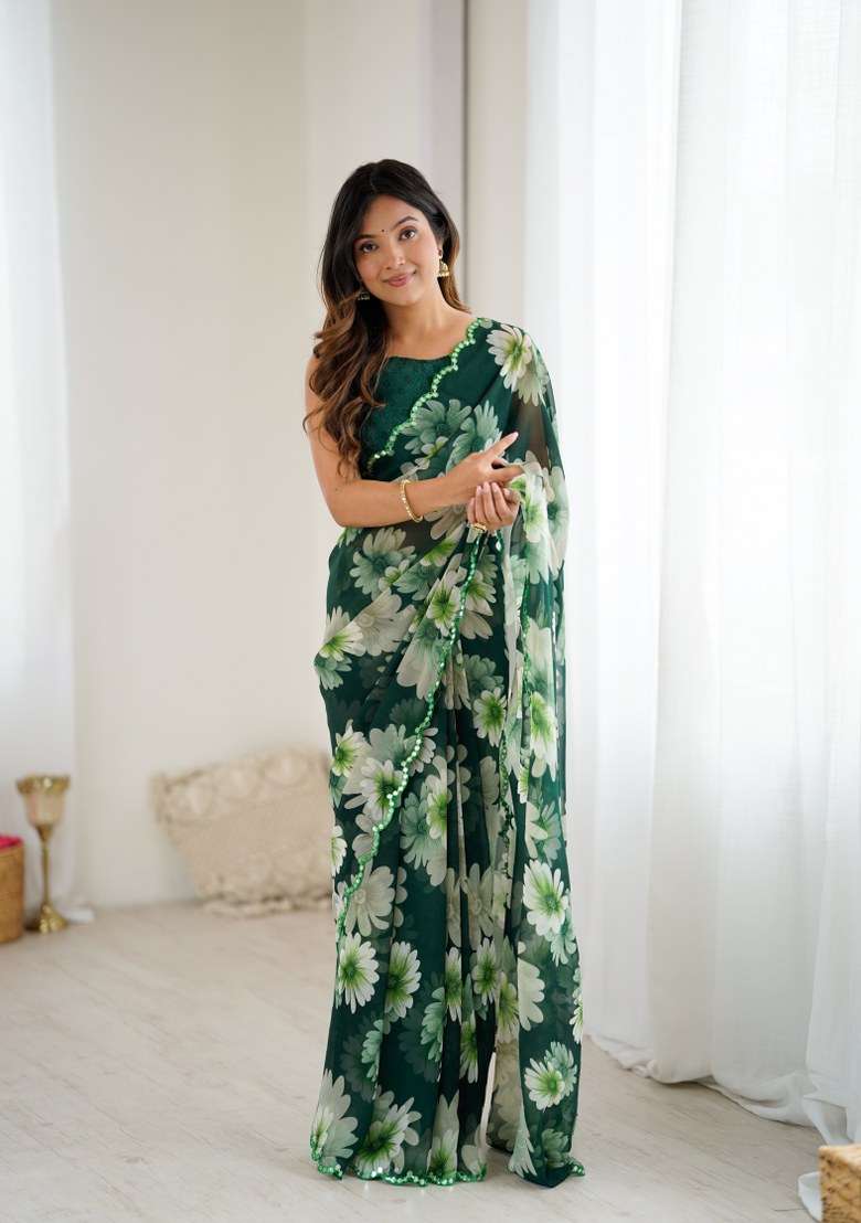 Green Georgette Saree Set with Mirror Work for Diwali | Wedding & Festive Wear - Indya