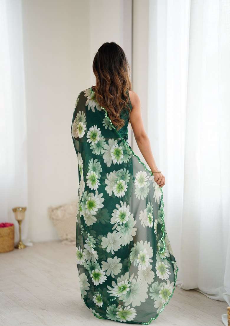 Green Georgette Saree Set with Mirror Work for Diwali | Wedding & Festive Wear - Indya