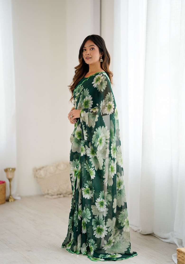 Green Georgette Saree Set with Mirror Work for Diwali | Wedding & Festive Wear - Indya