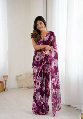 Purple Georgette Saree Set with Mirror Work for Diwali | Wedding & Festive Wear