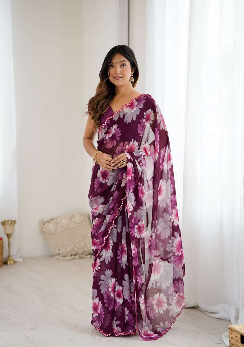 Purple Georgette Saree Set with Mirror Work for Diwali | Wedding & Festive Wear - Indya