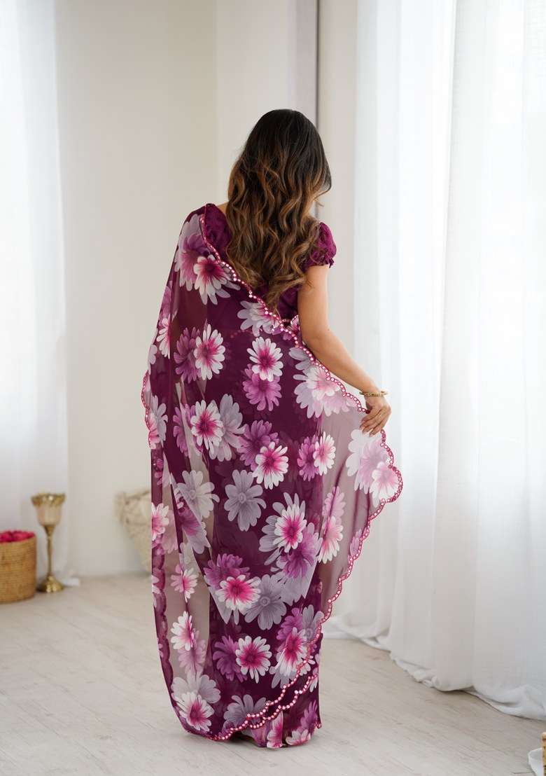 Purple Georgette Saree Set with Mirror Work for Diwali | Wedding & Festive Wear - Indya