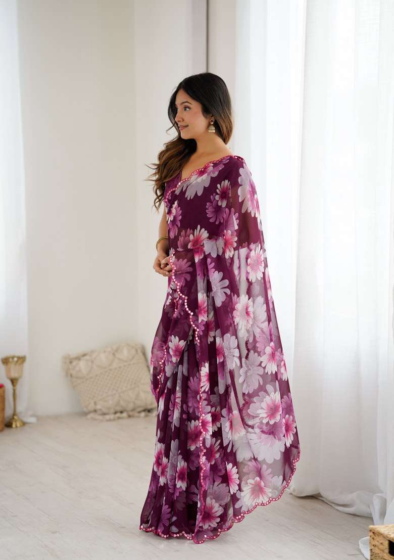 Purple Georgette Saree Set with Mirror Work for Diwali | Wedding & Festive Wear - Indya