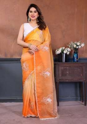 Multicolor Silk Blend Saree Set with Embroidered for Diwali | Wedding & Festive Wear