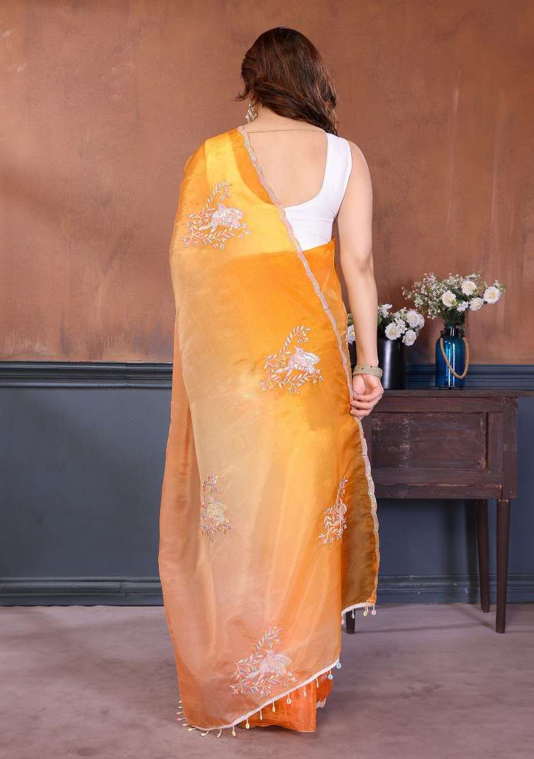 Multicolor Silk Blend Saree Set with Embroidered for Diwali | Wedding & Festive Wear - Indya