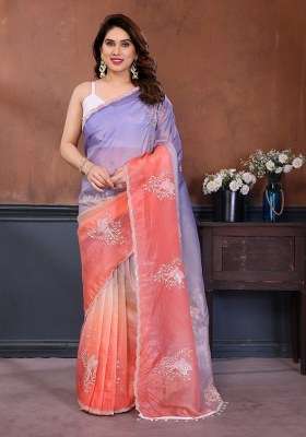 Multicolor Silk Blend Saree Set with Embroidered for Diwali | Wedding & Festive Wear