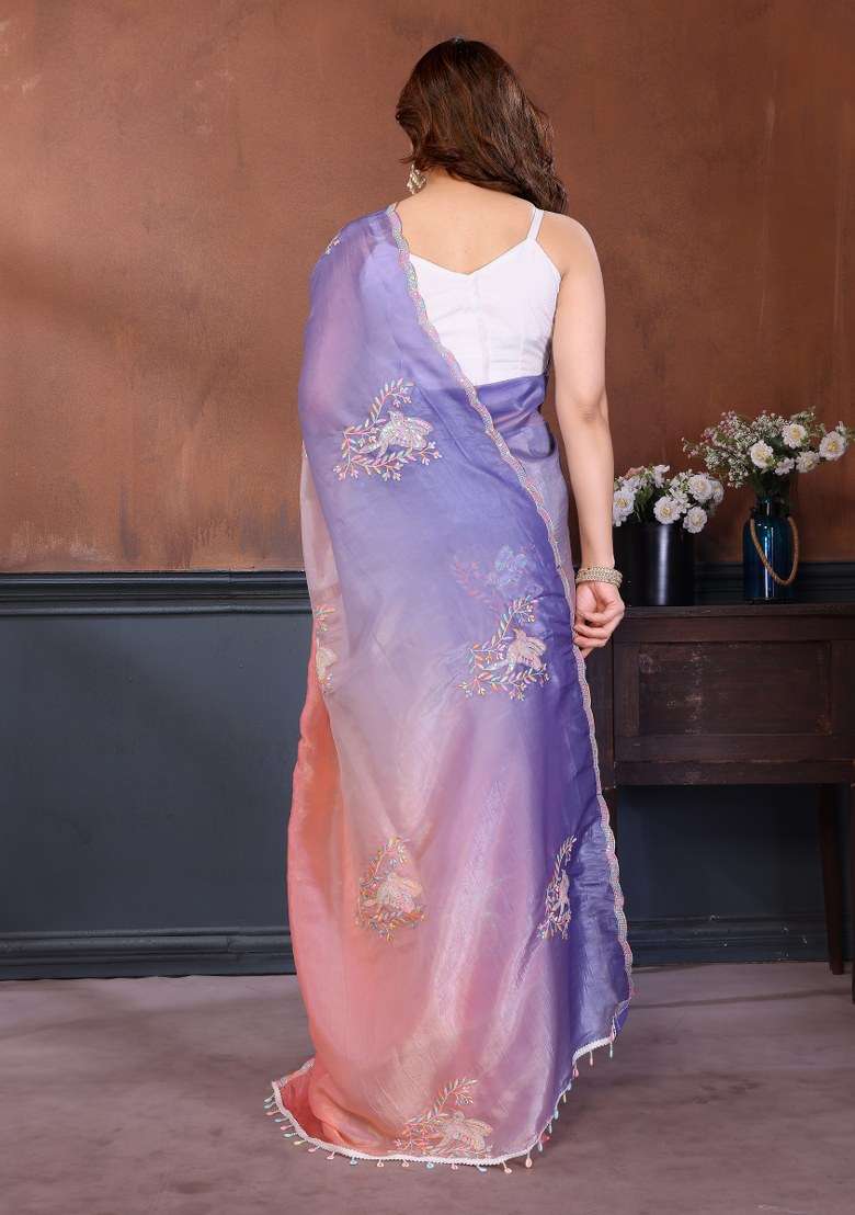 Multicolor Silk Blend Saree Set with Embroidered for Diwali | Wedding & Festive Wear - Indya
