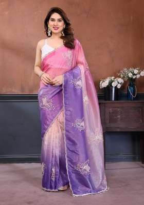 Multicolor Silk Blend Saree Set with Embroidered for Diwali | Wedding & Festive Wear