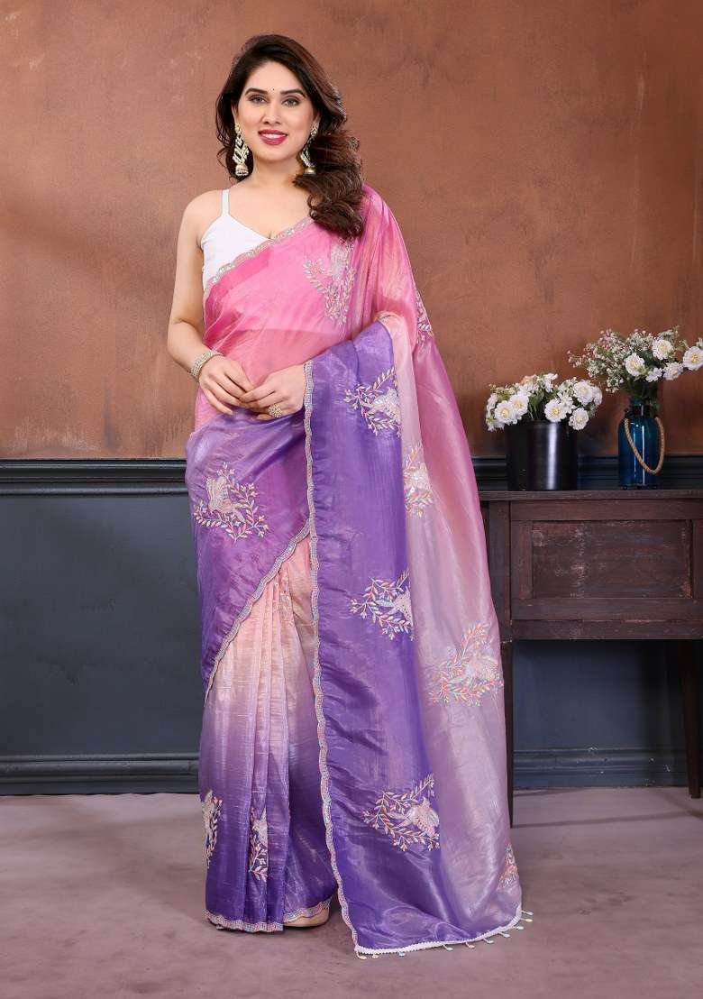 Multicolor Silk Blend Saree Set with Embroidered for Diwali | Wedding & Festive Wear - Indya