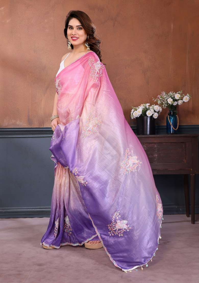 Multicolor Silk Blend Saree Set with Embroidered for Diwali | Wedding & Festive Wear - Indya