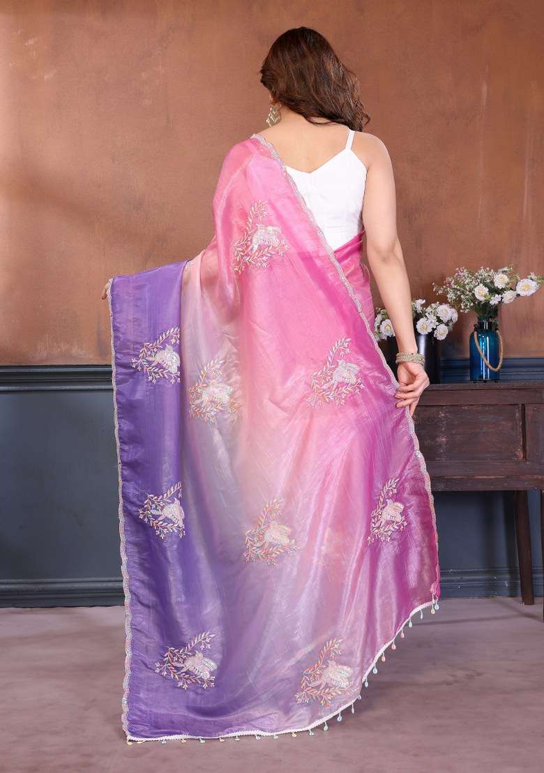 Multicolor Silk Blend Saree Set with Embroidered for Diwali | Wedding & Festive Wear - Indya