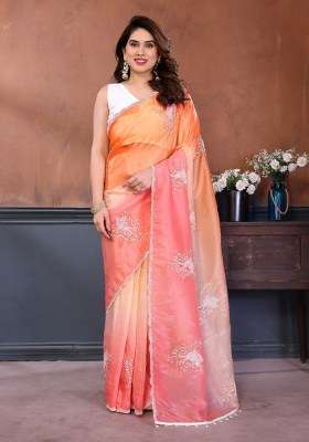 Multicolor Silk Blend Saree Set with Embroidered for Diwali | Wedding & Festive Wear