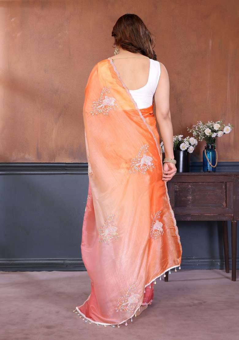 Multicolor Silk Blend Saree Set with Embroidered for Diwali | Wedding & Festive Wear - Indya