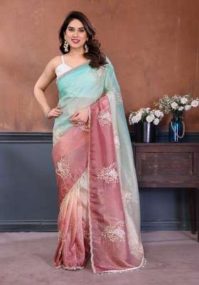 Multicolor Embroidered Silk Blend Saree Set for Diwali and Festive Wear
