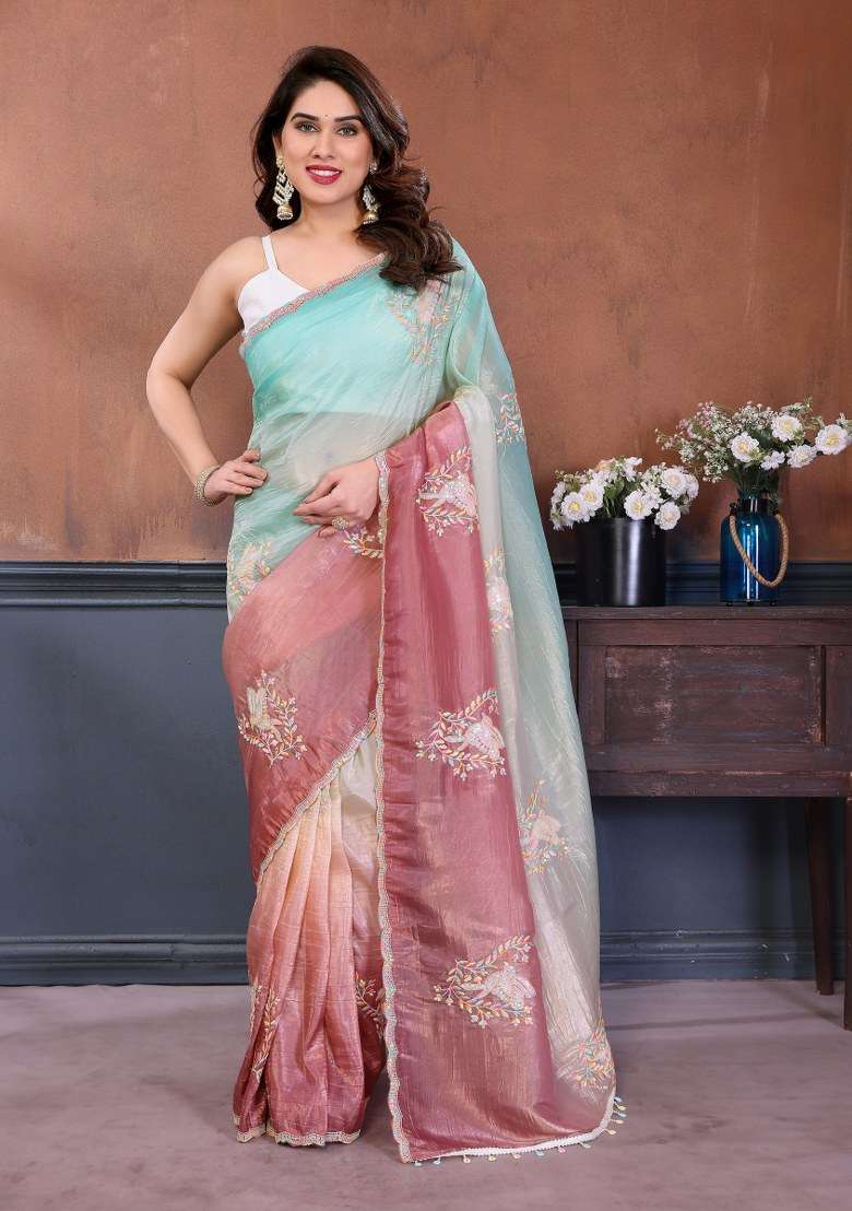 Multicolor Embroidered Silk Blend Saree Set for Diwali and Festive Wear - Indya