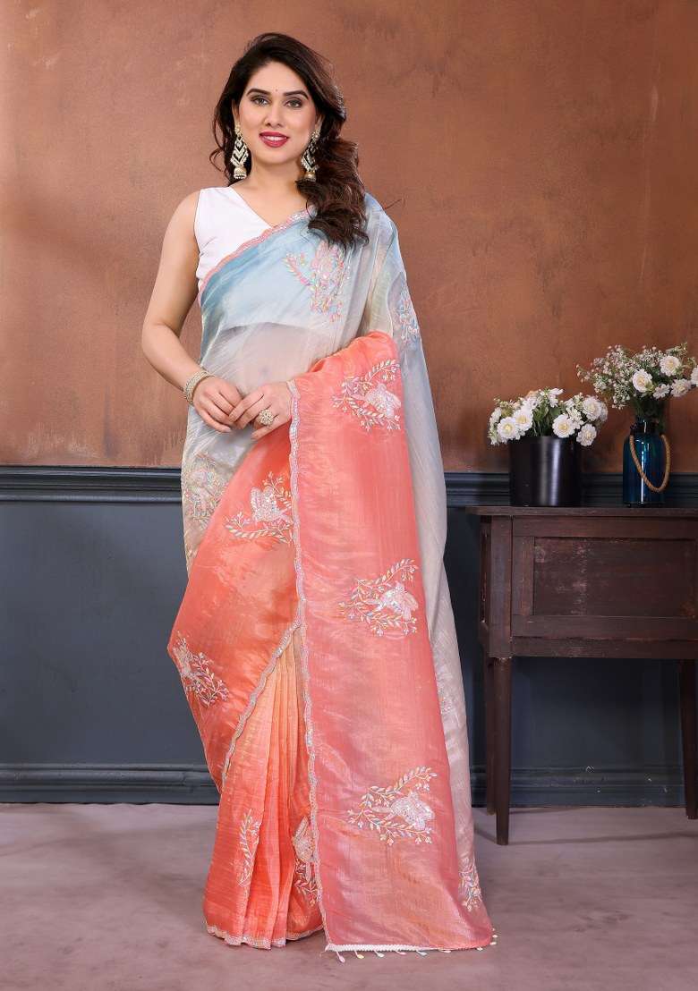 Multicolor Silk Blend Saree Set with Embroidered for Diwali | Wedding & Festive Wear - Indya