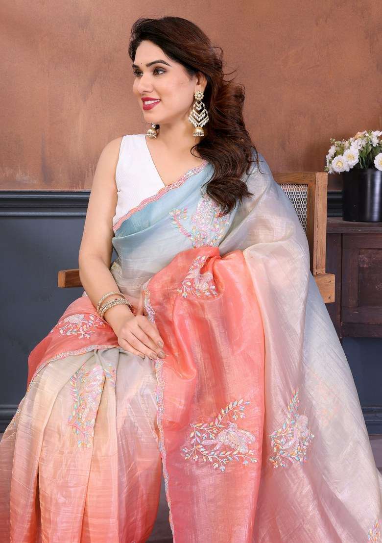 Multicolor Silk Blend Saree Set with Embroidered for Diwali | Wedding & Festive Wear - Indya