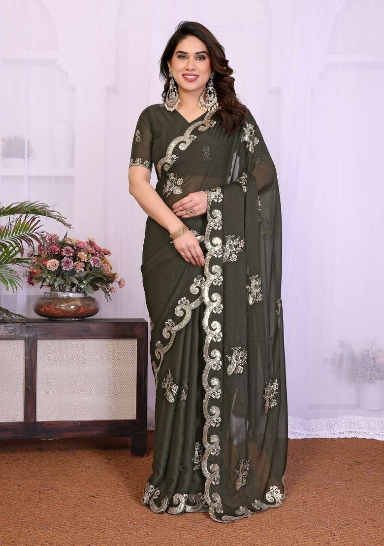 Mehendi Green Georgette Saree Set with Embroidered for Diwali | Wedding & Festive Wear - Indya