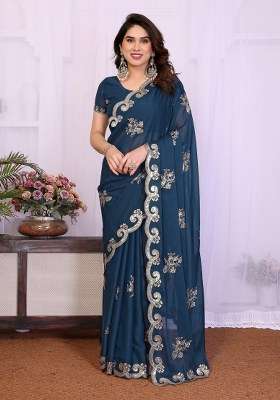 Teal Embroidered Georgette Saree Set for Diwali and Festive Wear