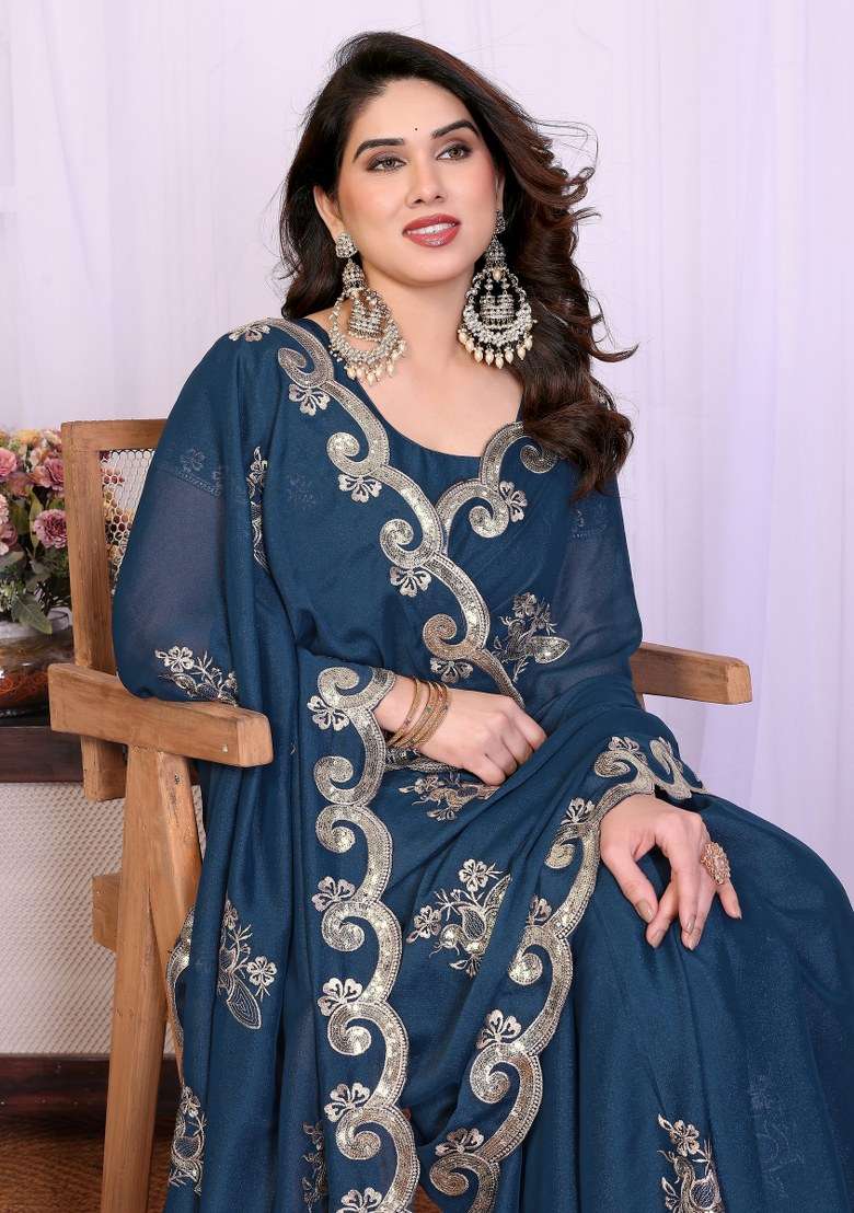 Teal Embroidered Georgette Saree Set for Diwali and Festive Wear - Indya