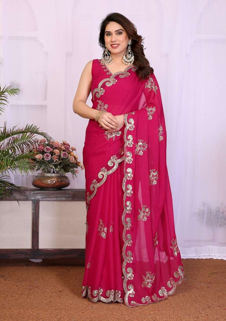 Pink Embroidered Georgette Saree Set for Diwali and Festive Wear - Indya