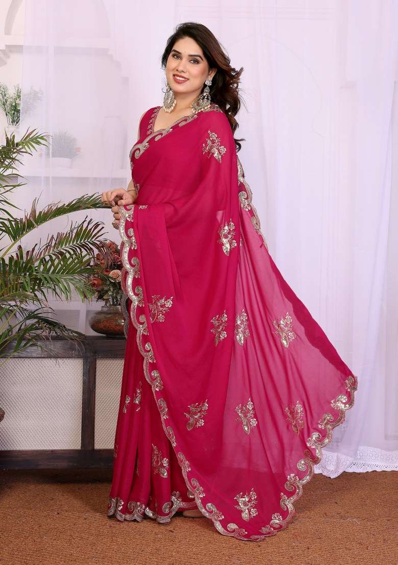 Pink Embroidered Georgette Saree Set for Diwali and Festive Wear - Indya