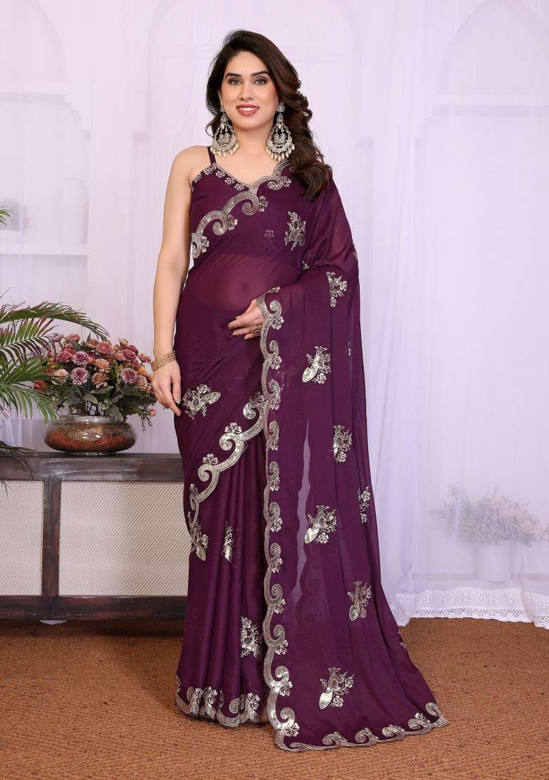 Wine Embroidered Georgette Saree Set for Diwali and Festive Wear - Indya