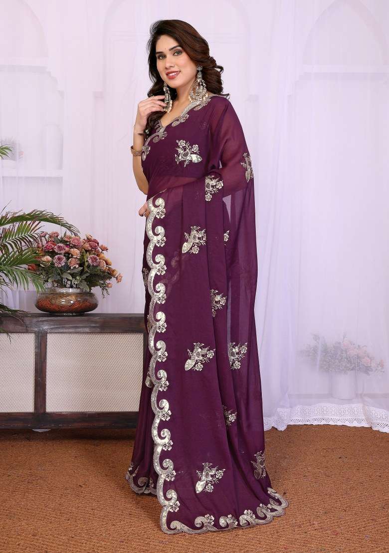 Wine Embroidered Georgette Saree Set for Diwali and Festive Wear - Indya